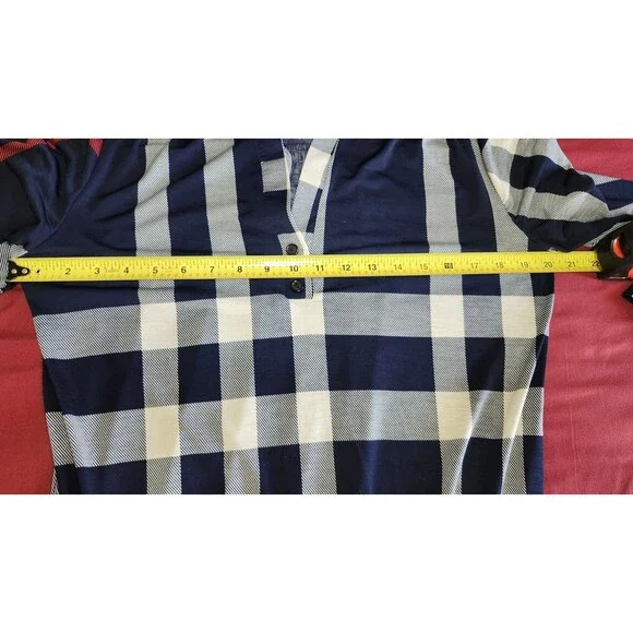 Yahata Women’s Plaid Tunic Dress Blue Red White Button Cuff V-Neck Size L - Picture 7 of 10